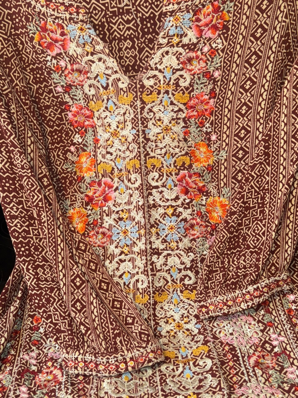 Embroidered Brown Floral V-Neck Women's Top